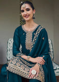 Brilliant Turquoise Embroidered Georgette Palazzo Suit - women's fashion mart