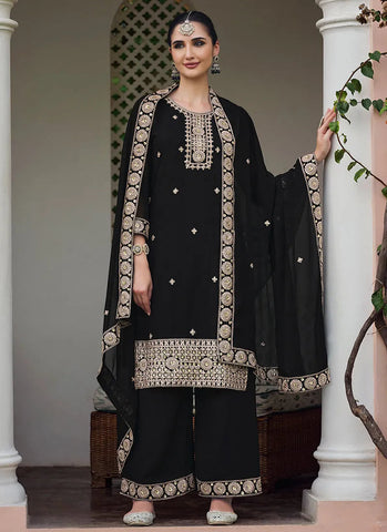 Classic Black Embroidered Georgette Palazzo Suit - women's fashion mart