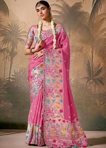 Blush Pink Woven Soft Silk Saree With Brocade Blouse