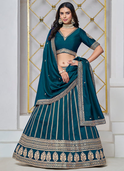 Exquisite Teal Art Silk Sequined Embroidered Lehenga Choli - women's fashion mart