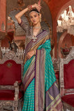 Astonishing Aqua Blue Kanjivaram and Patola Printed Silk Saree -Saree Unstitched women's fashion mart