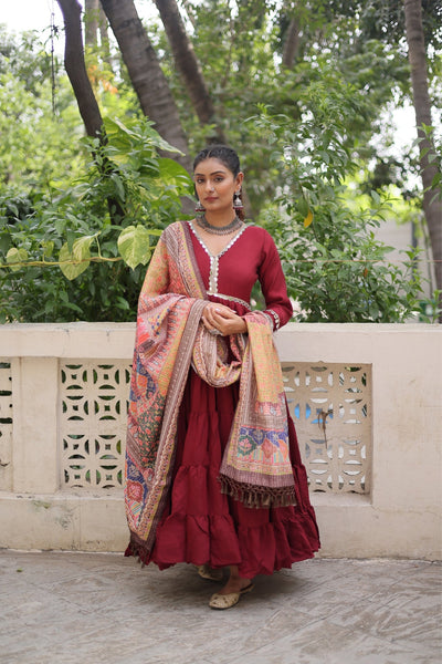 Beautiful Frill Stitching Designer Festival And Wedding Gown And Dupatta Set