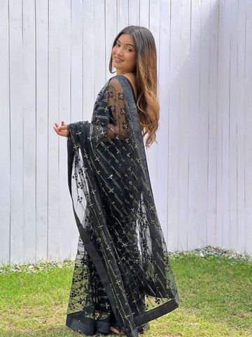 Black Colour Sequence Thread Work On Net Saree -Net Saree Black women's fashion mart