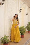 Yellow colour embroidery sequence work gown -Designer Suit M / Yellow women's fashion mart