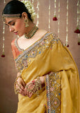Yellow Woven Embroidered Designer Tissue Silk Saree