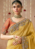 Yellow Woven Embroidered Designer Tissue Silk Saree