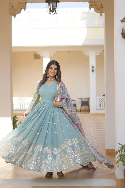 Beautiful Stylish designer Gown With Dupatta Set -WOMEN FASHION Sky Blue / M women's fashion mart