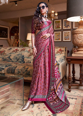 Persian Red Patola Printed Satin Crepe Silk Saree