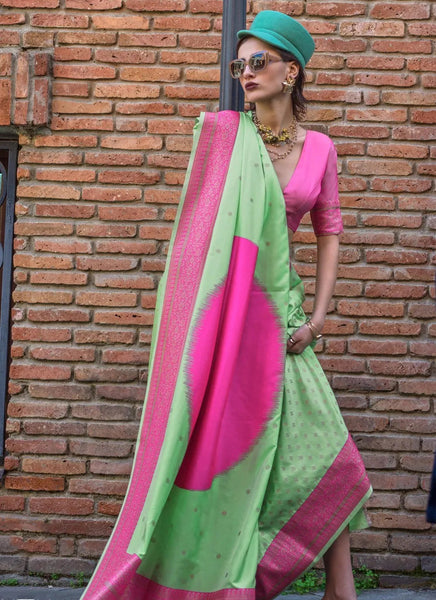 Designer Pink-Mint Green Handloom Silk Trendy Saree - women's fashion mart