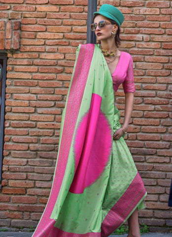 Pink-Mint Green Handloom Silk Trendy Saree -Saree Unstitched women's fashion mart