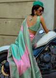 Classic Pink-Turquoise Handloom Silk Trendy Saree -Saree Unstitched women's fashion mart