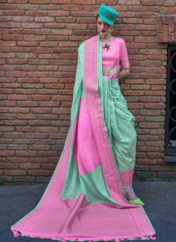 Classic Pink-Sea Green Handloom Silk Trendy Saree -Saree Unstitched women's fashion mart