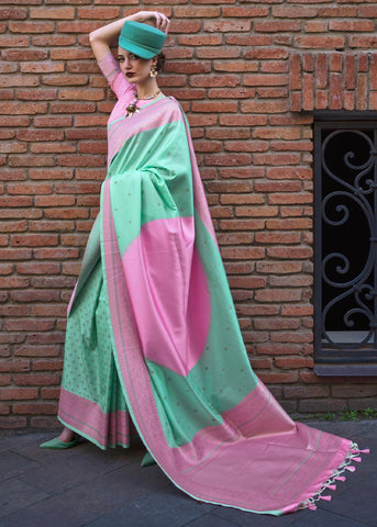Sea Green and Pink Woven Soft Silk Saree