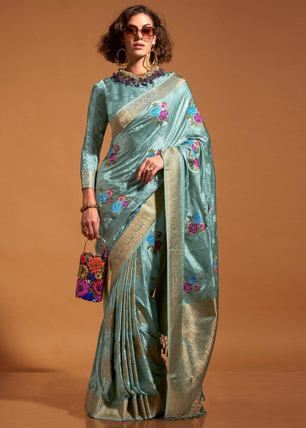 Arctic Blue Banarasi Woven Satin Silk Saree
