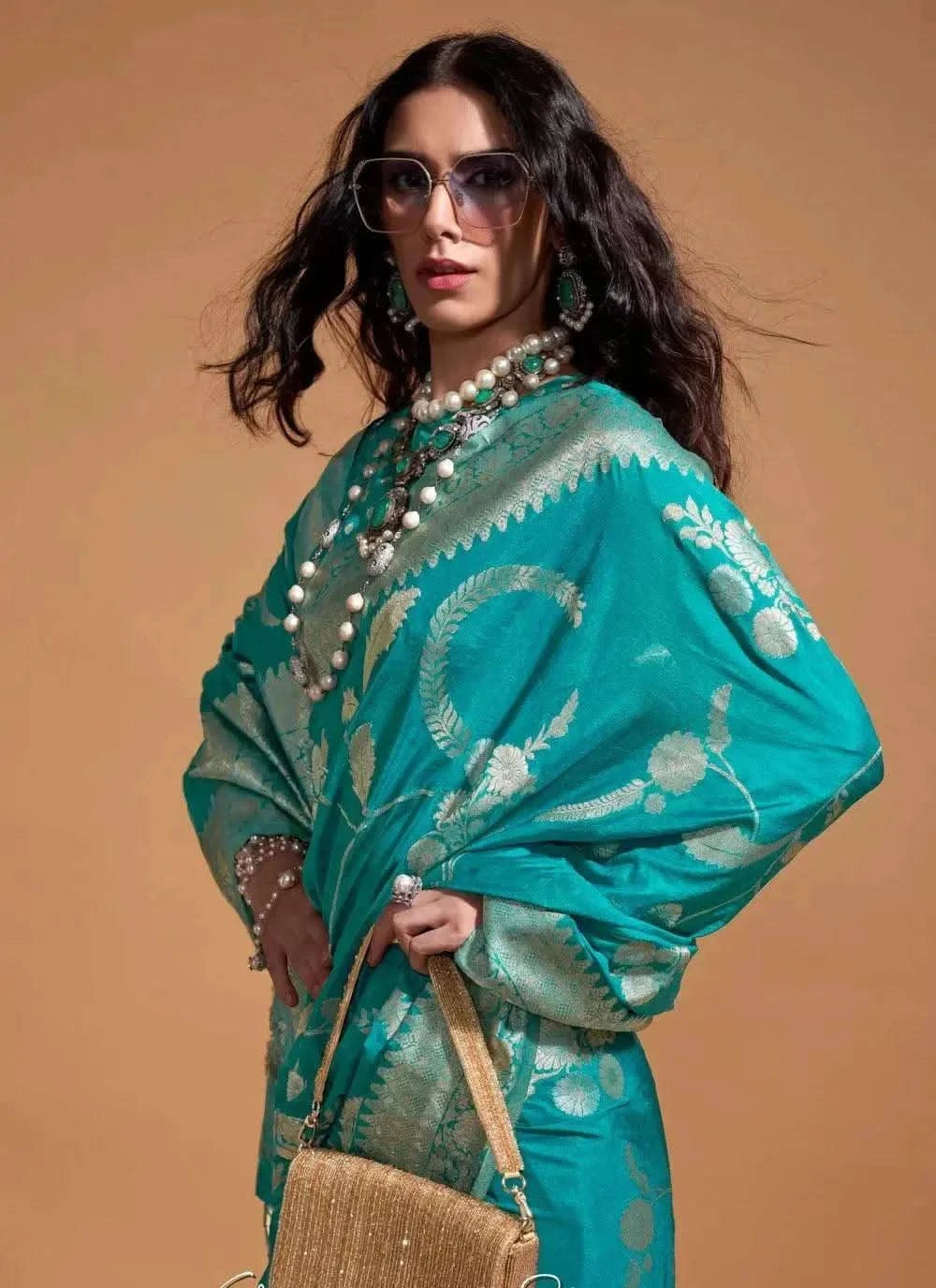 Classic Hand Woven Turquoise Silk Saree -Saree Unstitched women's fashion mart