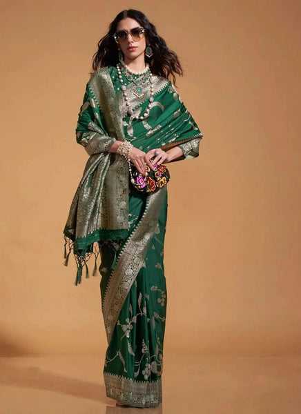 Classic Contemporary Hand Woven Dark Green Silk Saree - women's fashion mart