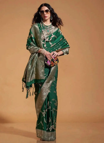 Classic Contemporary Hand Woven Dark Green Silk Saree - women's fashion mart