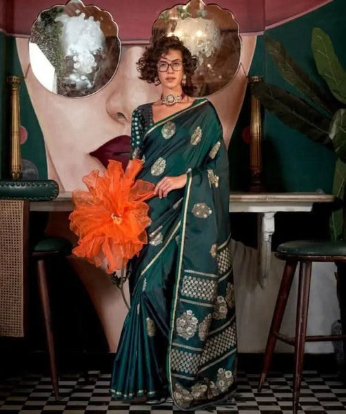 Dark Green Pure Satin Handwoven Weaving Silk Saree -Saree Unstitched women's fashion mart