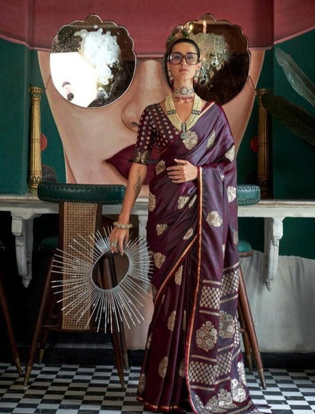 WIne Designer Pure Satin Weaving Silk Event Wear Saree - women's fashion mart