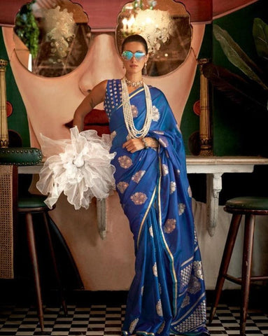 Denim Blue Designer Pure Satin Weaving Event Wear Silk Saree - women's fashion mart