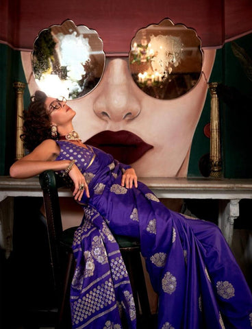 Violet Colored Pure Satin Handwoven Event Wear Designer Saree - women's fashion mart