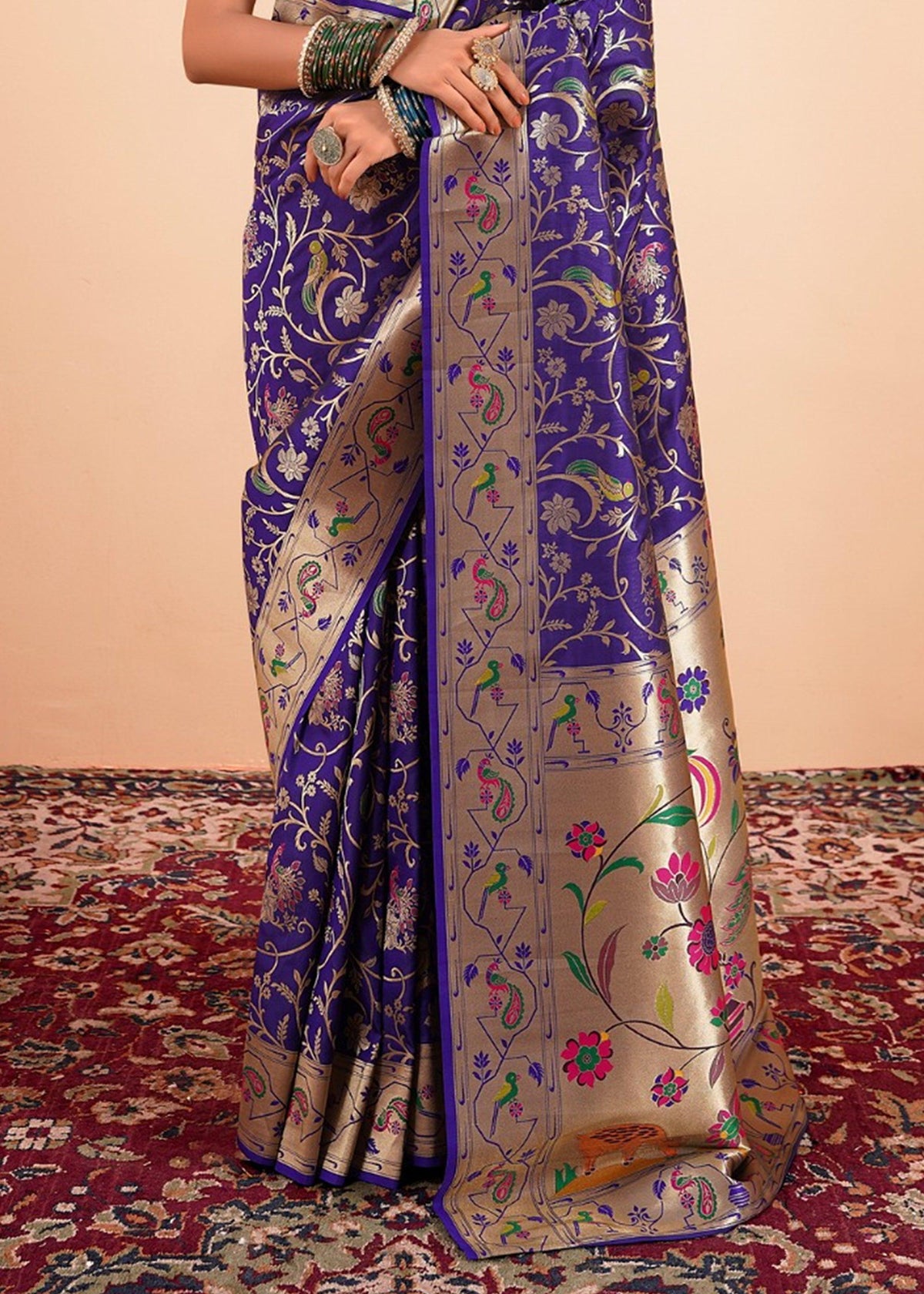 Iris Purple Woven Paithani Silk Saree With Contrast Blouse