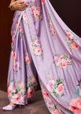 Lavender Purple Floral Printed Satin Silk Saree
