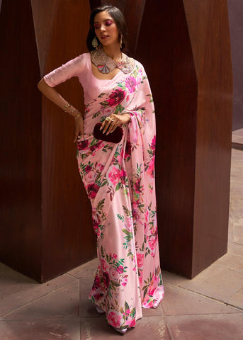 Soft Pink Floral Printed Satin Silk Saree
