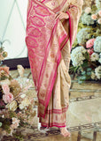 Cream Beige Woven Banarasi Silk Saree With Contrast Blouse