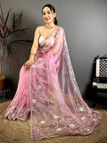 Pink Pearl Work Glass Organza Saree