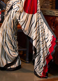 White & Red Satin Silk Printed Saree