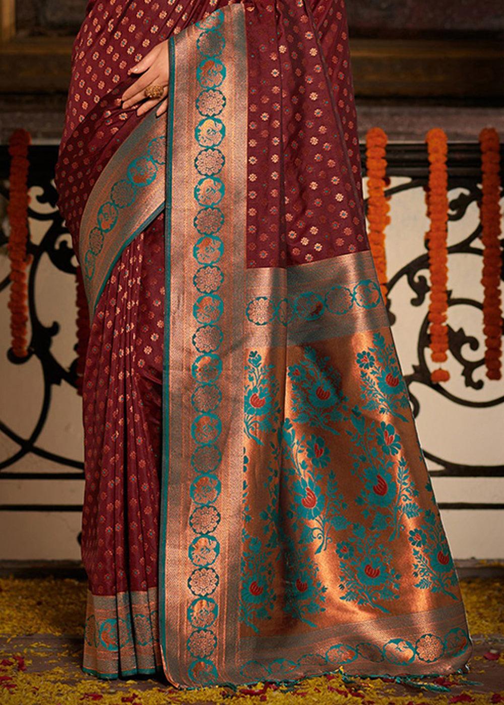Claret Maroon Woven Banarasi Silk Saree