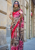 Brown And Pink Satin Crepe Printed Saree