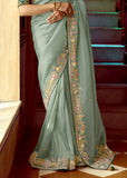 Ice Green Heavy Embroidered Designer Silk Saree