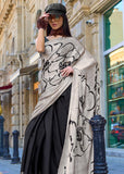 Cloudy Grey And Black Satin Crepe Printed Saree