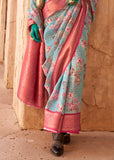 Aqua Blue Georgette Silk Saree With Floral Print