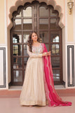 Cosmos Weaving Jacquard Crafted Pearl beads Embroidered Work Gown With Dupatta