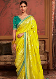 Blazing Yellow Woven Banarasi Designer Silk Saree With Embroidered Blouse