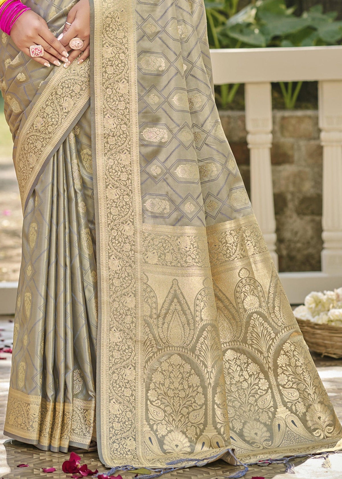 Moss Grey Woven Banarasi Satin Silk Saree