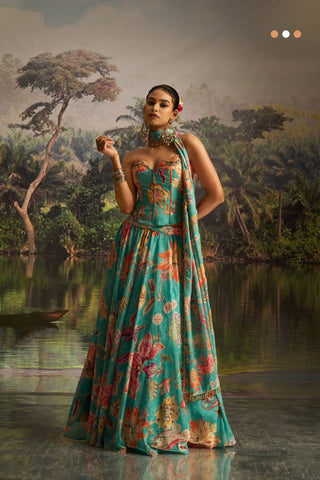 Mint Blue Floral Georgette Lehenga Set With Handwork And Corset Blouse