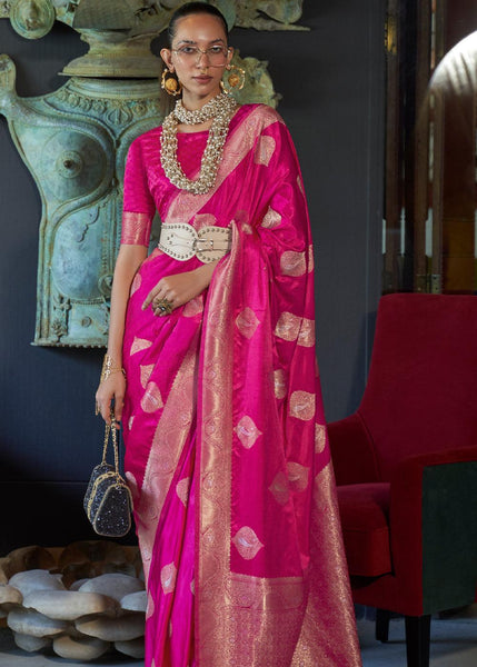 Beautiful Rani Pink Banarasi Woven Satin Silk Saree
