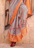 Ash Grey Georgette Silk Saree With Floral Print
