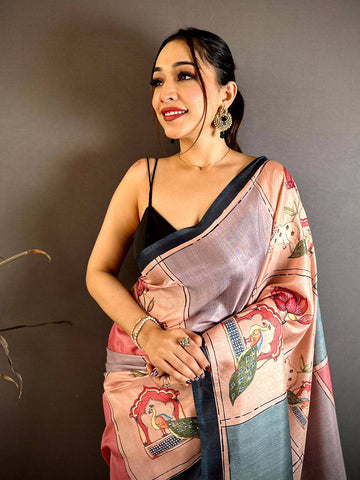 Radiance Tussar Contrast Kalamkari Pallu Saree