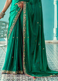 Alpine Green Designer Embroidered Silk Saree With Contrast Blouse