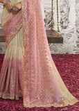 Cream And Pink Heavy Embroidered Designer Silk Saree