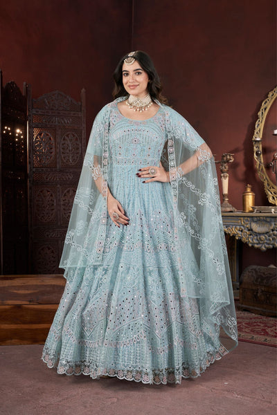 Sky Blue Sparkle Thread Embroidery With Zarkan And Mirror Work Gown - women's fashion mart