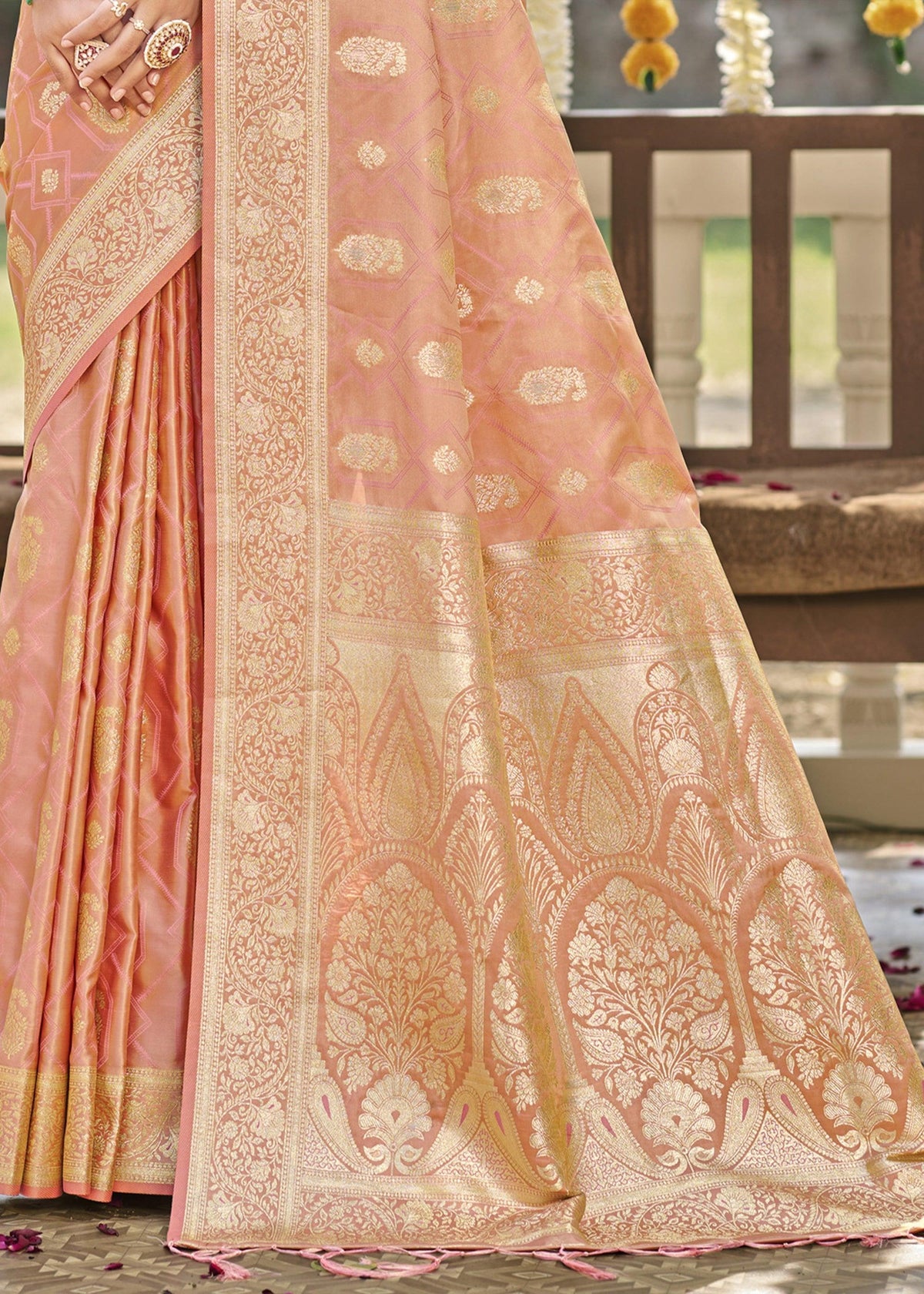 Coral Peach Woven Banarasi Satin Silk Saree