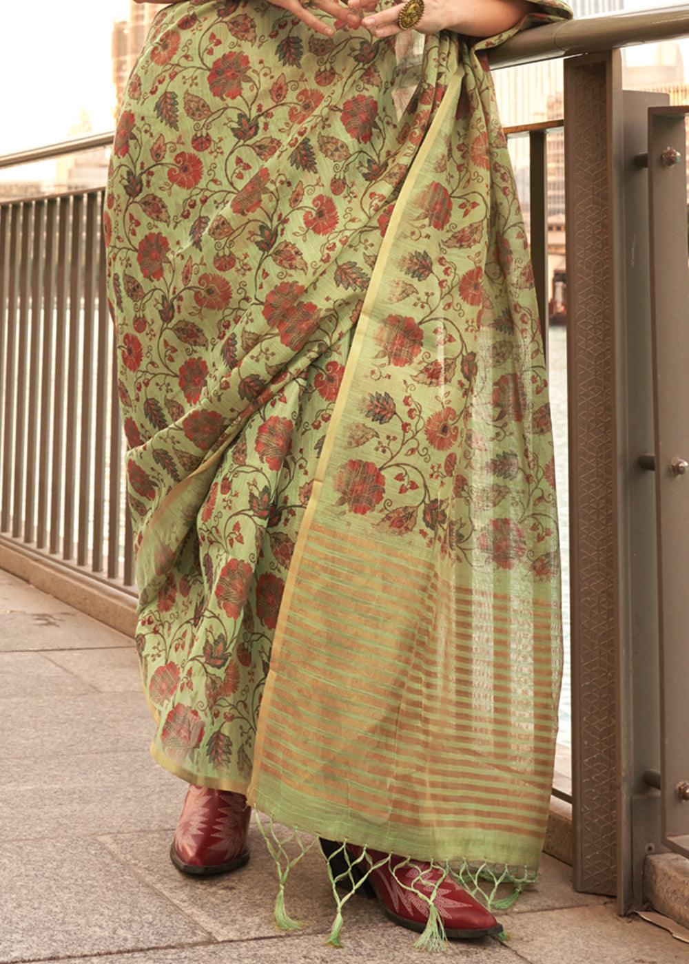 Pistachio Green Printed Tissue Banarasi Silk Saree