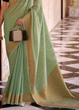 Ming Green Woven Banarasi Linen Silk Saree with Velvet Blouse