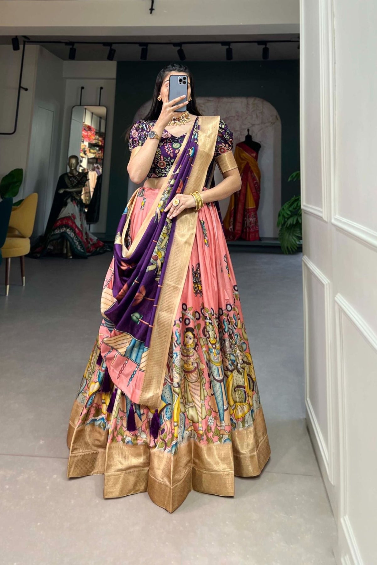 Designer Kalamkari Printed Dola Silk Lehenga Choli - women's fashion mart